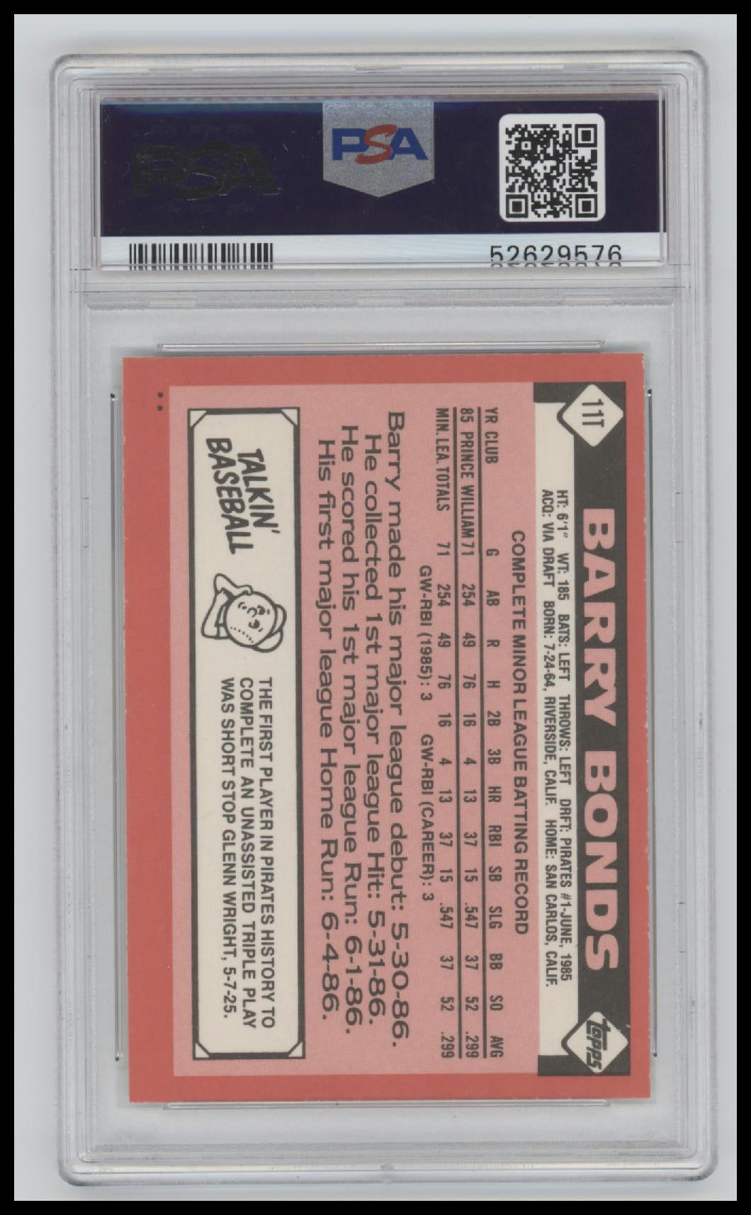 1986 Topps Traded Barry Bonds 9 PSA #11T