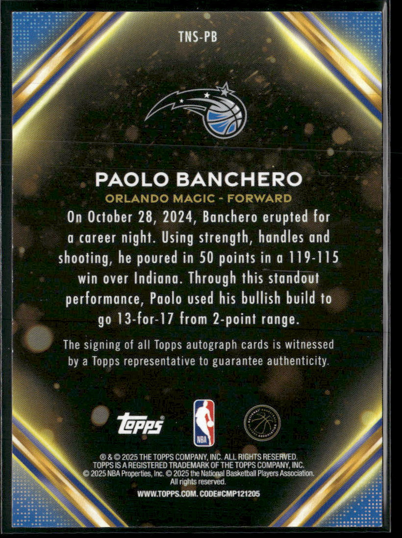 2025-26 Topps - Topps Notch Signatures Paolo Banchero Auto #TNS-PB