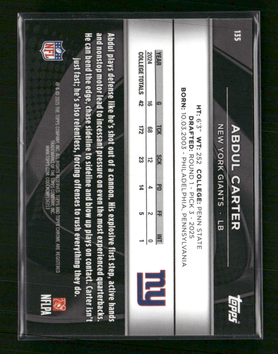 2025 Topps Chrome Black Gold Refractor #/50 Abdul Carter Rookie #135