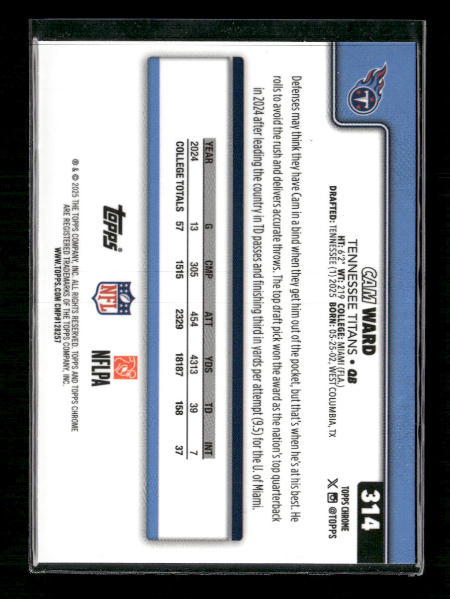 2025 Topps Chrome Ray Wave Refractor Cam Ward Rookie #314
