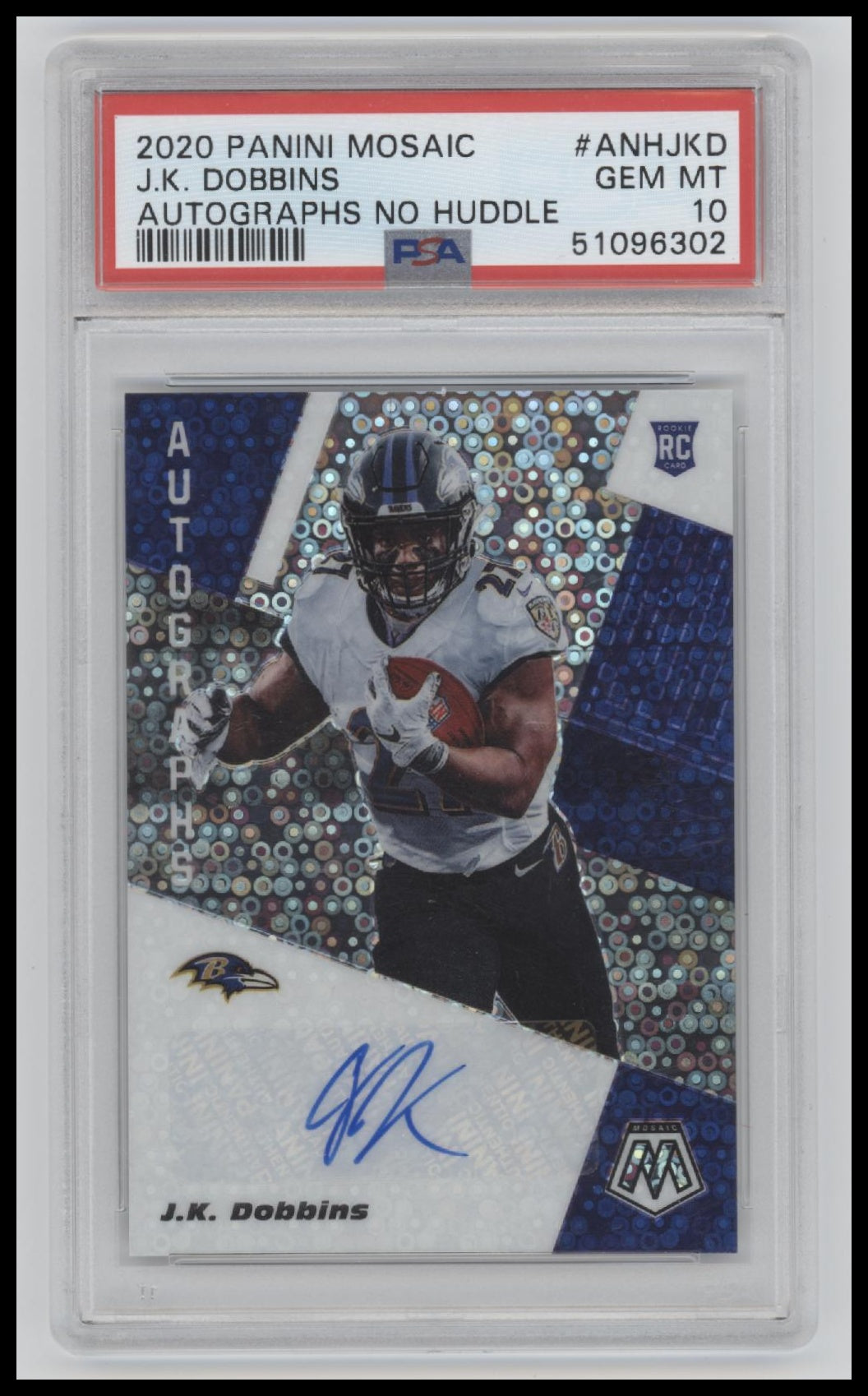 2020 Panini Mosaic Autographs No Huddle J.K. Dobbins 10 PSA #ANHJKD