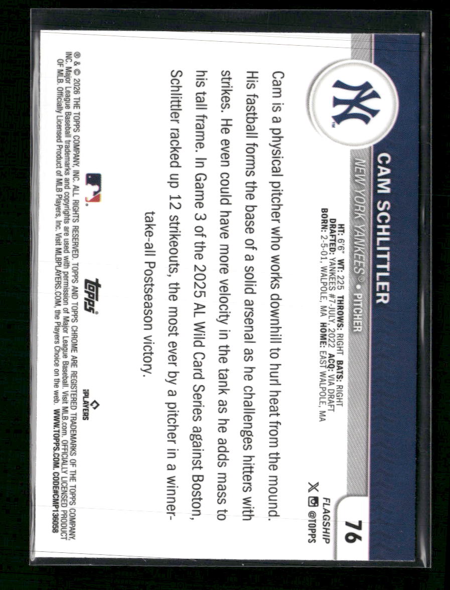 2026 Topps Flagship Collection Chrome Cam Schlittler #76