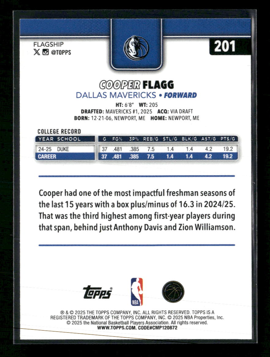 2025-26 Topps Rainbow Foilboard Cooper Flagg Rookie #201