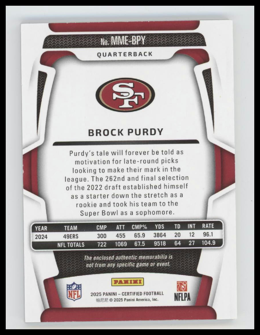 2025 Panini Certified Materials Mirror Orange Etch Brock Purdy #/30 #MME-BPY