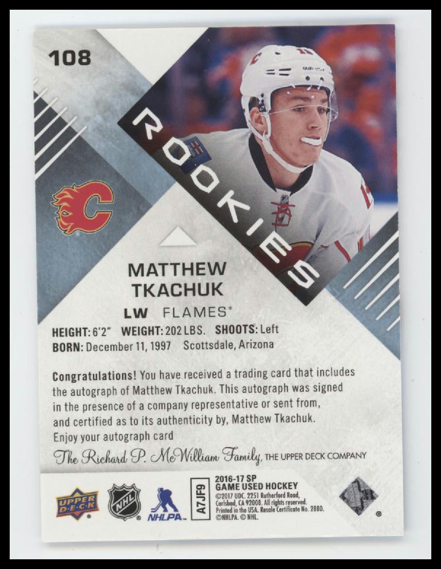 2016-17 SP Game Used Blue Autographs Matthew Tkachuk Rookie Auto #108