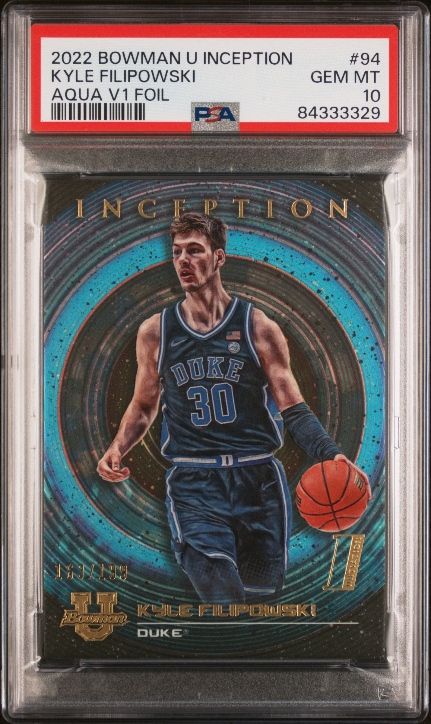 Graded 2022 Topps Bowman U Inception Kyle Filipowski #94 Aqua V Foil #/199 Rookie RC Basketball Card PSA 10 Gem Mint