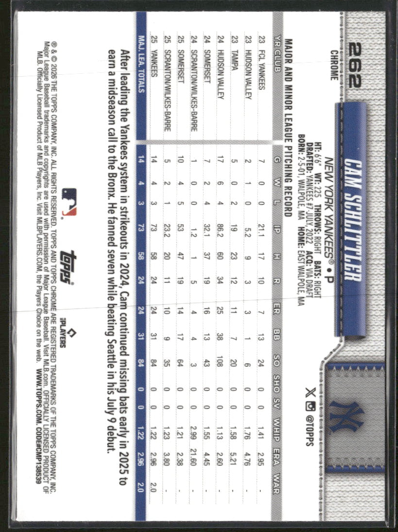 2026 Topps Chrome Prism Refractors Cam Schlittler Rookie #262