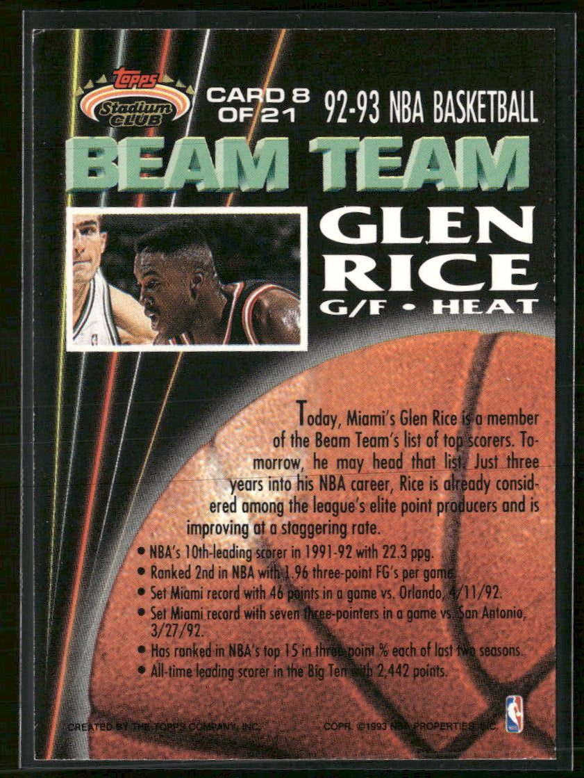 1992-93 Stadium Club Beam Team Members Only Glen Rice #8