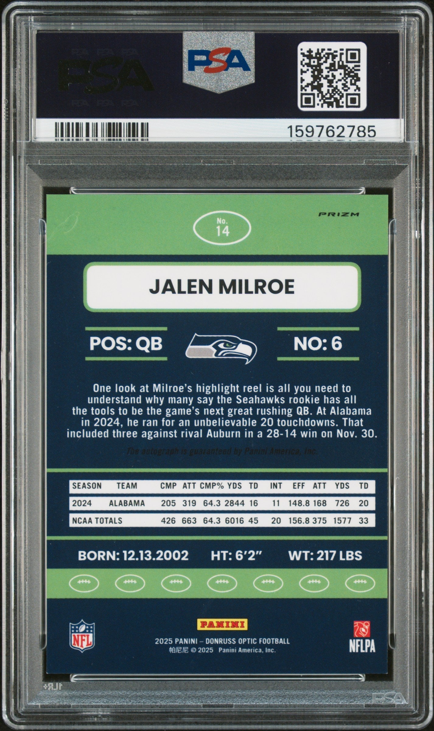 2025 Panini Donruss Opti 2015 Retro Autograph Jalen Milroe 9 Auto PSA #14