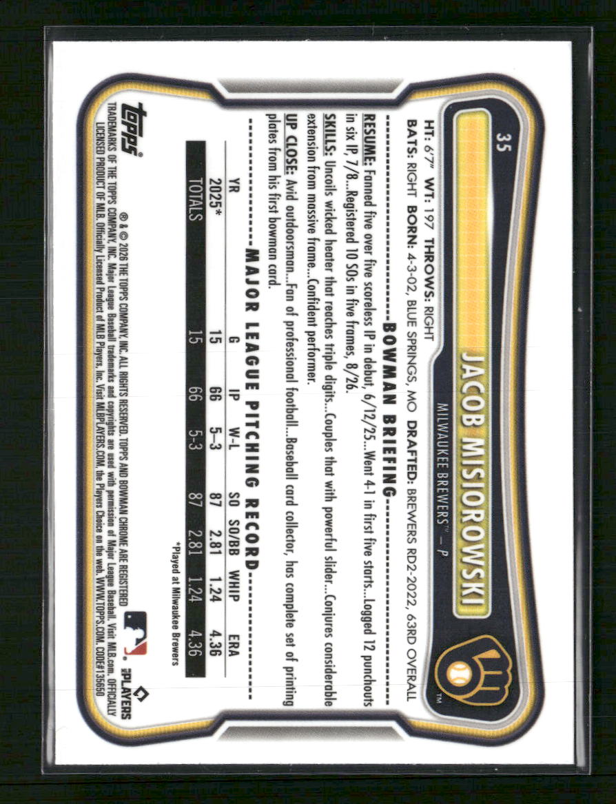 2026 Bowman Rookie Red RC Logo Jacob Misiorowski Rookie #35