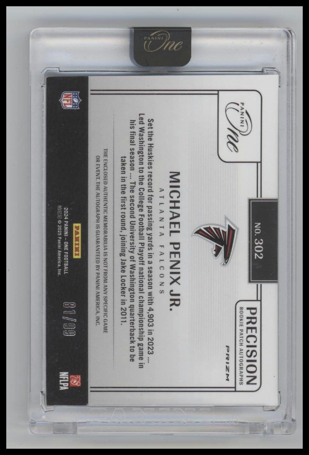 2024 Panini One Michael Penix Jr. #/99 AU #302 Encased