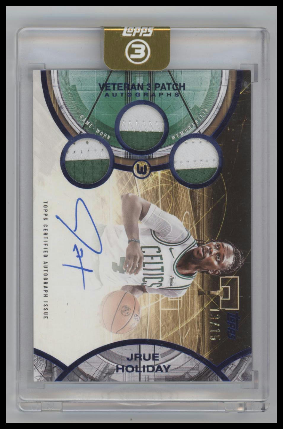 2025-26 Topps 3 Veteran 3 Patch Blue Jrue Holiday #/15 Auto #V3A-JHO Encased