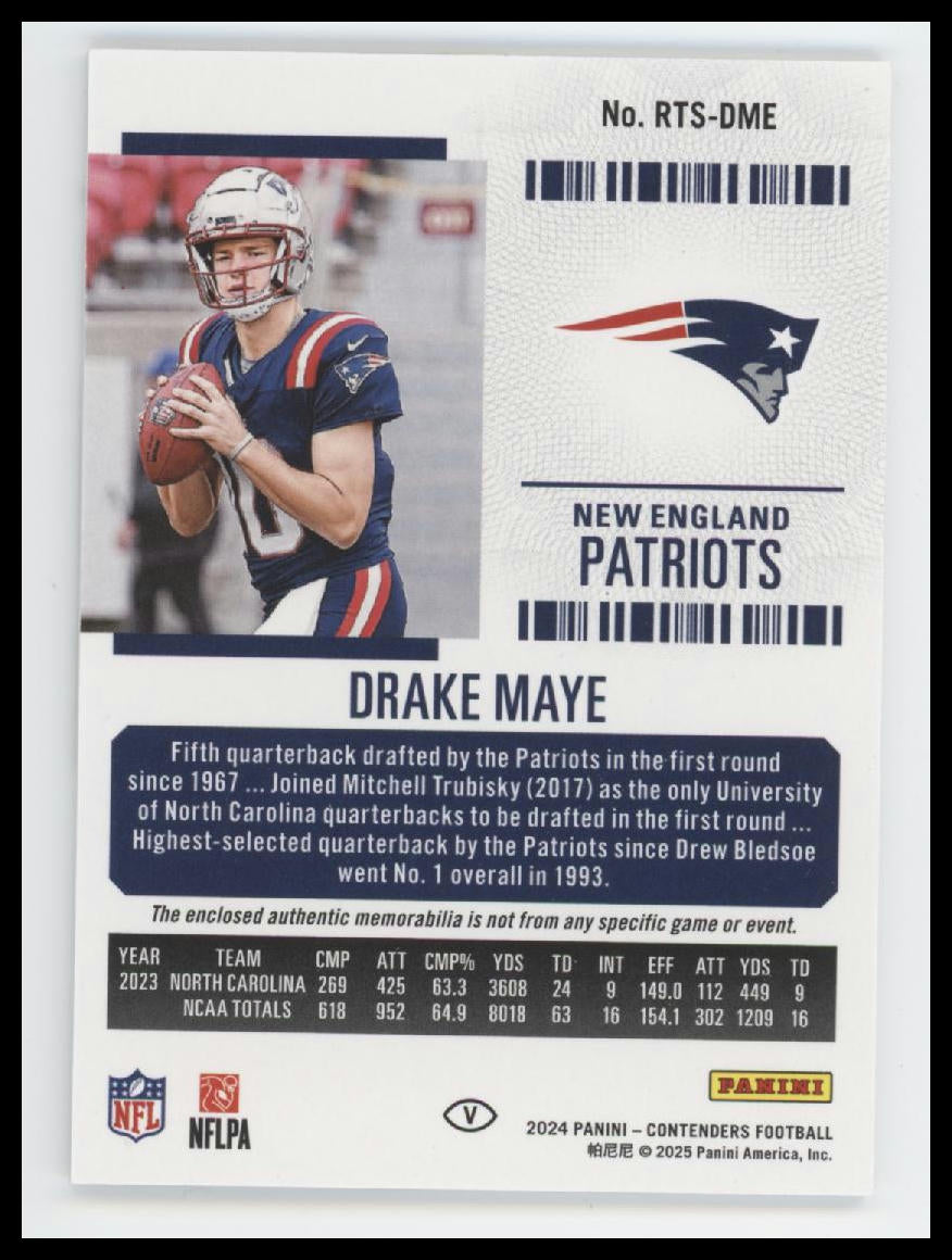 2024 Panini Contenders Rookie Ticket Swatches Drake Maye #RTS-DME