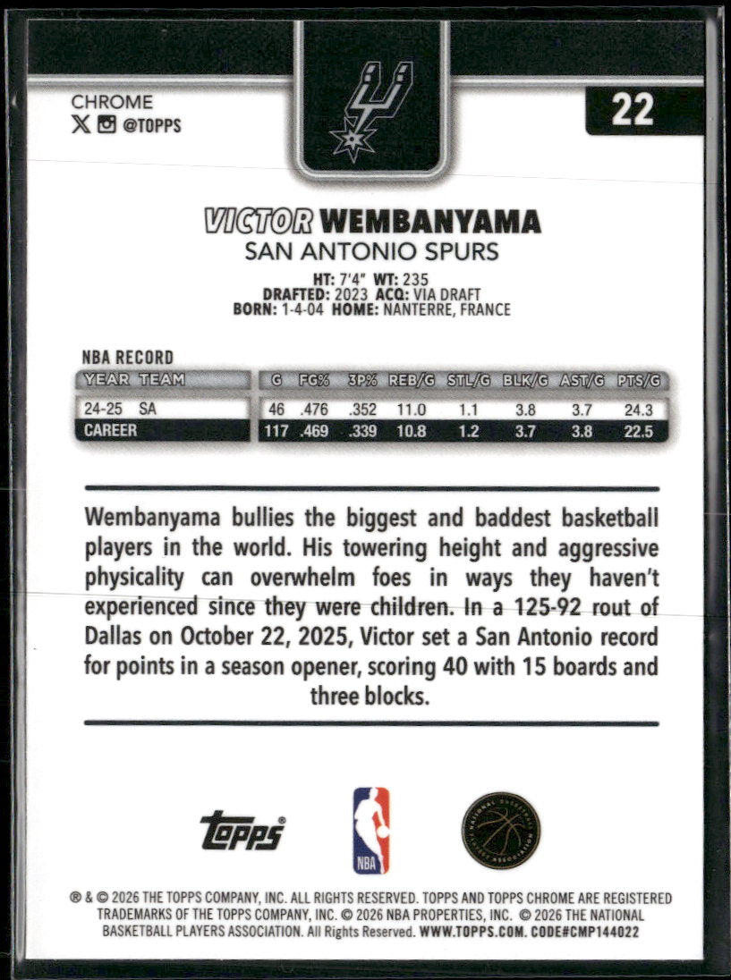 2025-26 Topps Chrome Update X-Fractor Victor Wembanyama #22