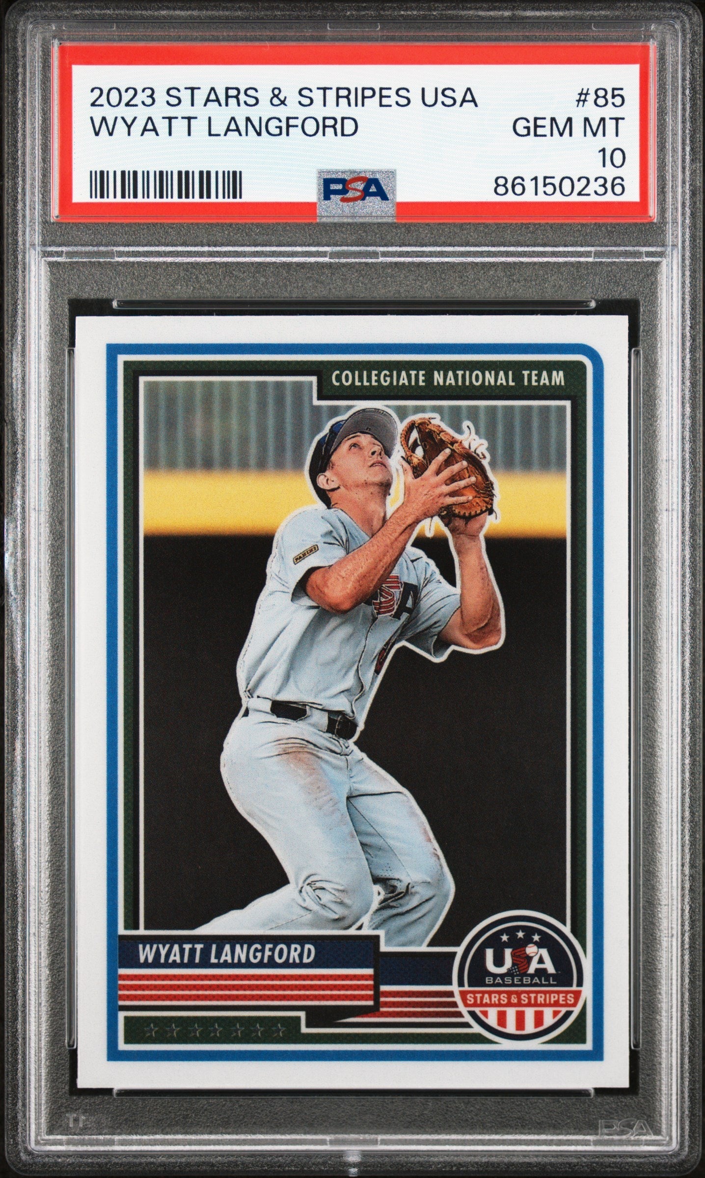 Graded 2023 Panini Stars & Stripes USA Wyatt Langford #85 Rookie RC Baseball Card PSA 10 Gem Mint - Golden Apple Comics