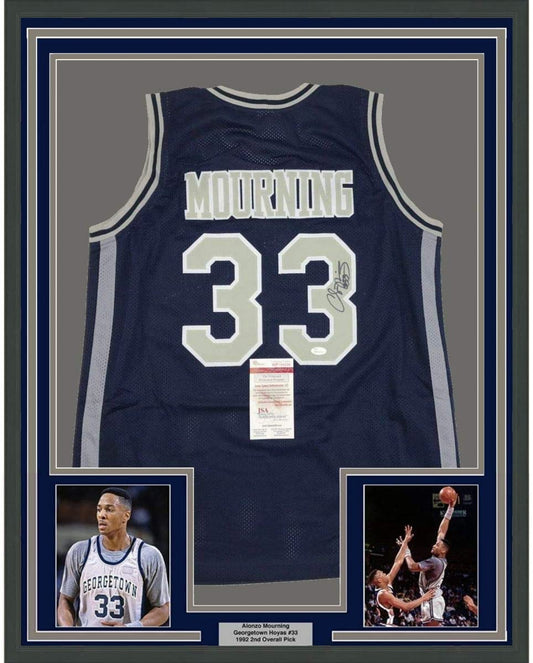 Framed Autographed/Signed Alonzo Mourning 35x39 Georgetown Blue College Basketball Jersey JSA COA