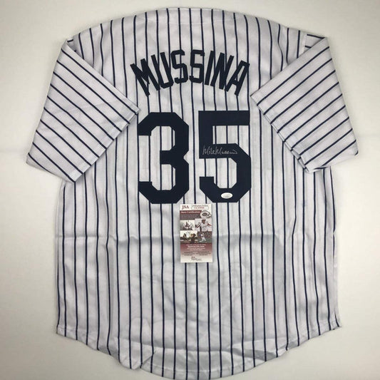 Autographed/Signed Mike Mussina New York Pinstripe Baseball Jersey JSA COA