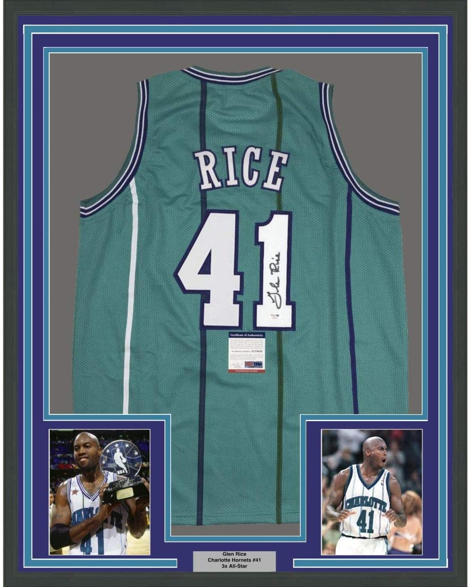 Framed Autographed/Signed Glen Rice 35x39 Charlotte Teal Basketball Jersey PSA/DNA COA