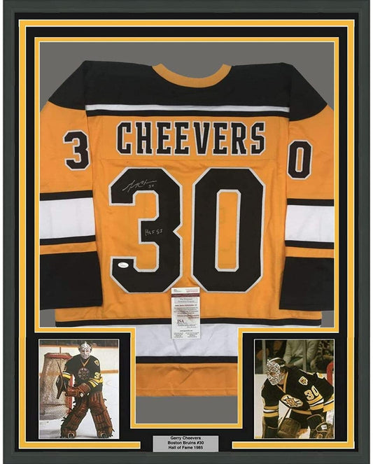 Framed Autographed/Signed Gerry Cheevers HOF 85 35x39 Boston Yellow Hockey Jersey JSA COA - Golden Apple Comics