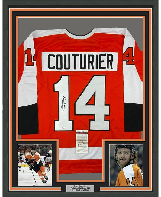 Framed Autographed/Signed Sean Couturier 35x39 Philadelphia Orange Hockey Jersey JSA COA - Golden Apple Comics