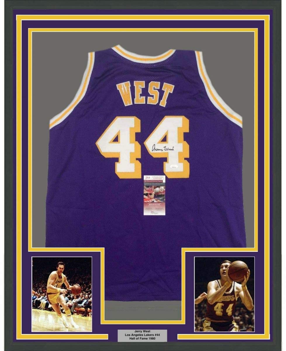 Framed Autographed/Signed Jerry West 35x39 Los Angeles LA Purple Basketball Jersey JSA COA