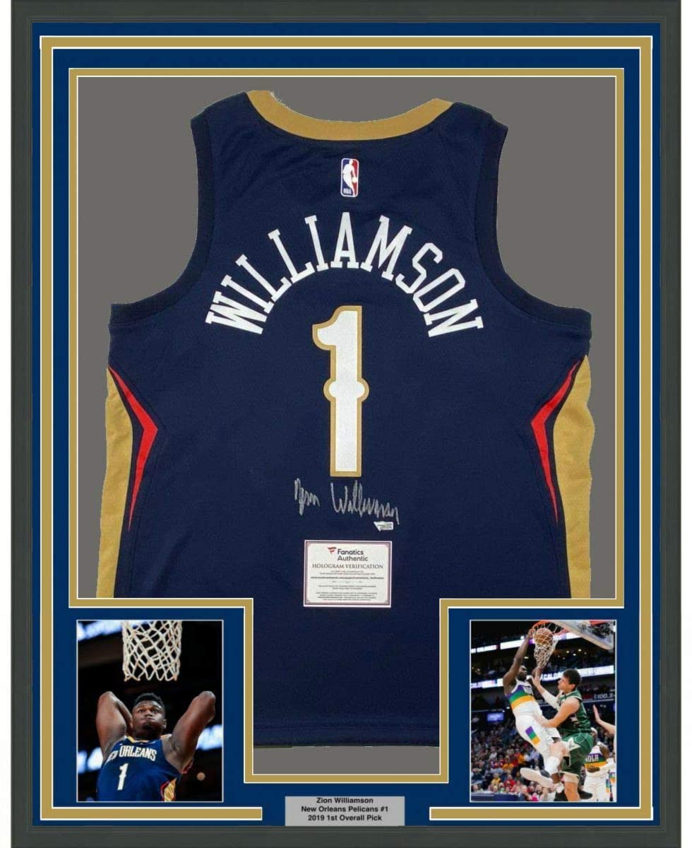 Framed Autographed/Signed Zion Williamson 35x39 New Orleans Pelicans Blue Swingman Nike Basketball Jersey Fanatics COA