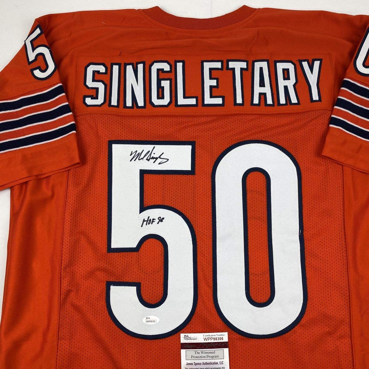 Autographed/Signed Mike Singletary HOF 98 Chicago Orange Football Jersey JSA COA