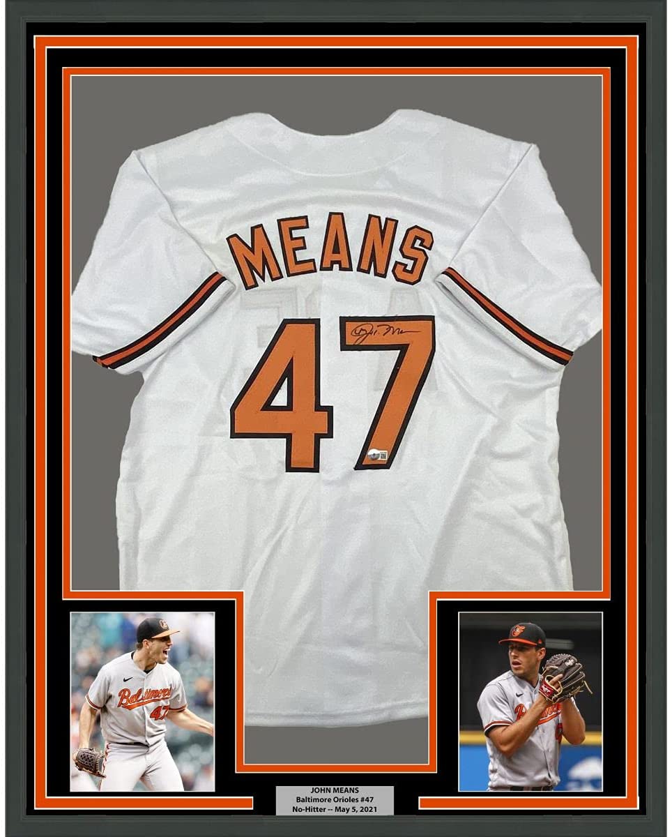 Framed Autographed/Signed John Means 35x39 Baltimore White Baseball Jersey Beckett BAS COA