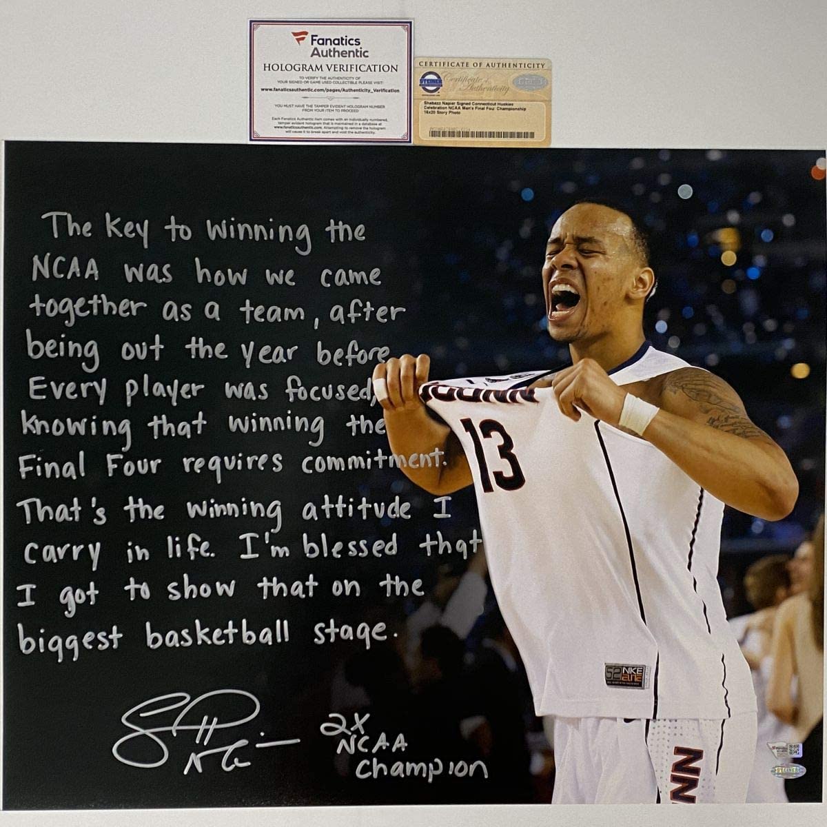 Autographed/Signed Shabazz Napier Inscribed Story UConn Huskies 16x20 College Basketball Photo Fanatics COA