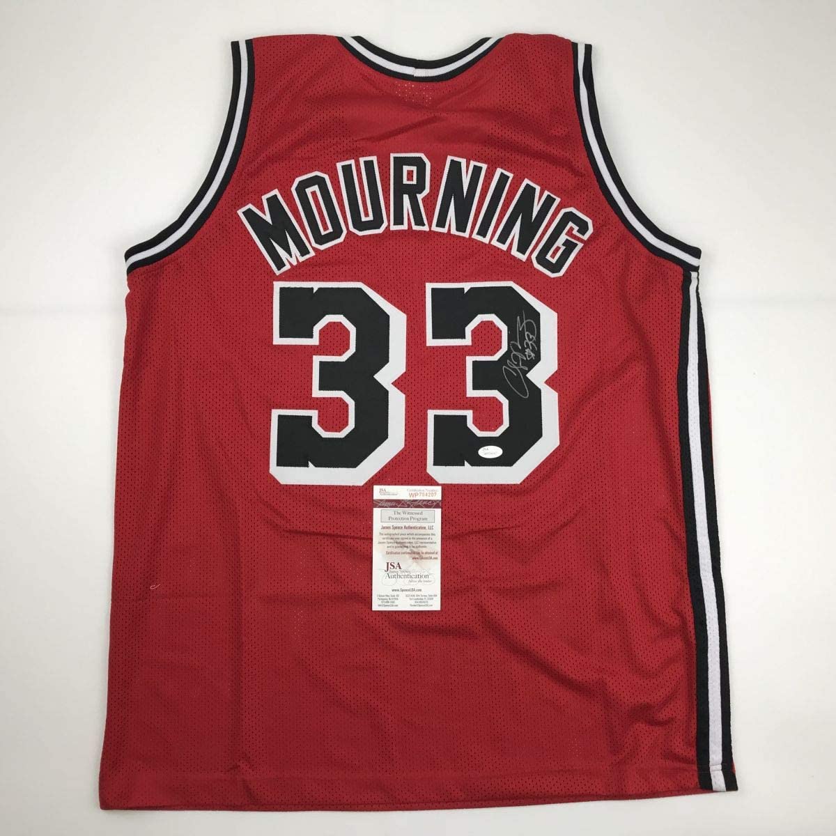 Autographed/Signed Alonzo Mourning Miami Red Basketball Jersey JSA COA