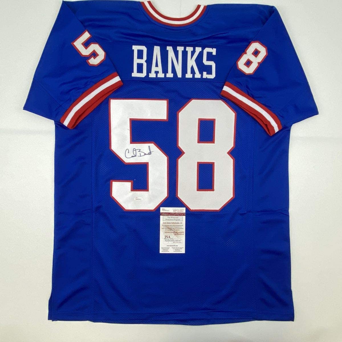 Autographed/Signed Carl Banks New York Blue Football Jersey JSA COA