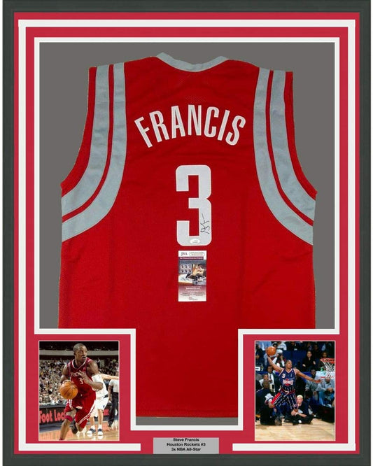 Framed Autographed/Signed Steve Francis 35x39 Houston Red Basketball Jersey JSA COA
