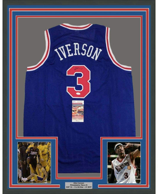 Framed Autographed/Signed Allen Iverson 35x39 Philadelphia Blue Basketball Jersey JSA COA