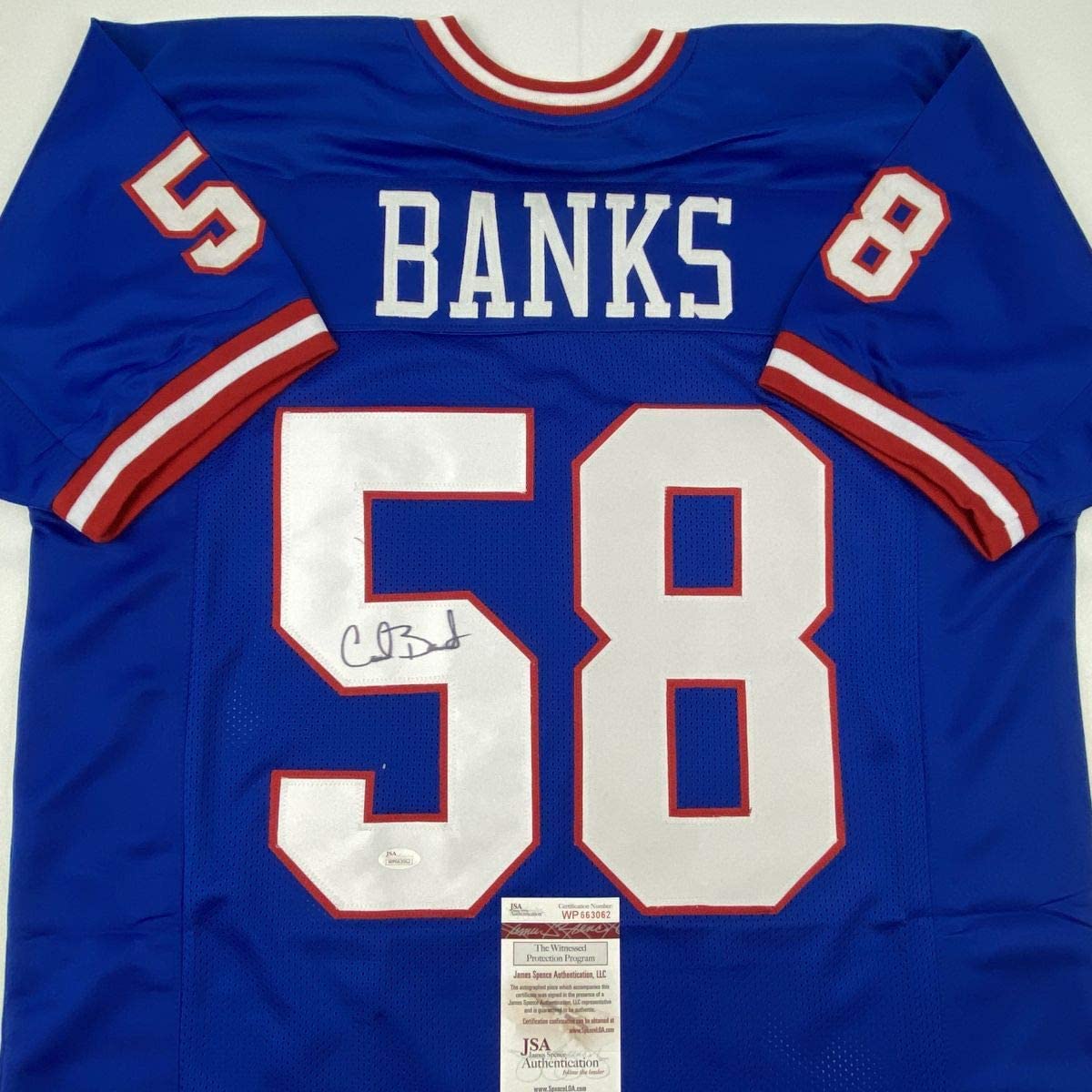 Autographed/Signed Carl Banks New York Blue Football Jersey JSA COA