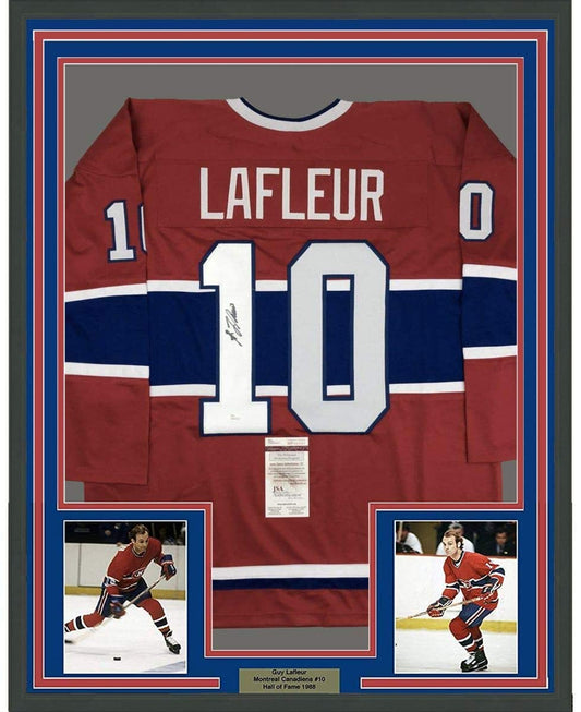 Framed Autographed/Signed Guy LaFleur 35x39 Montreal Red Hockey Jersey JSA COA - Golden Apple Comics