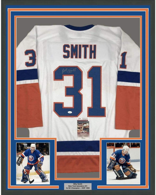 Framed Autographed/Signed Billy Smith 35x39 New York White Hockey Jersey JSA COA - Golden Apple Comics