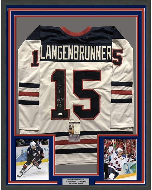 Framed Autographed/Signed Jamie Langenbrunner 35x39 Team USA United States White Hockey Jersey JSA COA - Golden Apple Comics