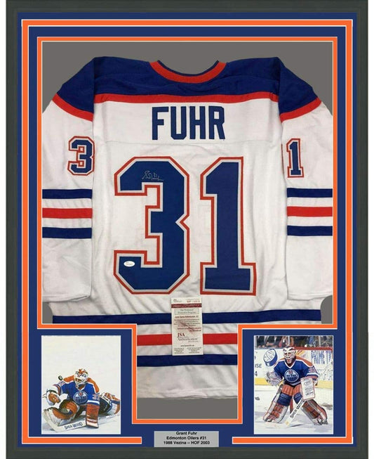 Framed Autographed/Signed Grant Fuhr 35x39 Edmonton White Hockey Jersey JSA COA - Golden Apple Comics