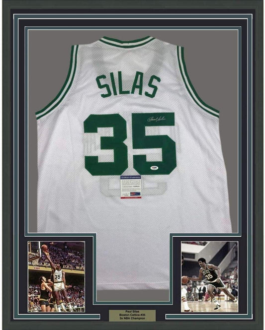 Framed Autographed/Signed Paul Silas 35x39 Boston White Basketball Jersey PSA/DNA COA