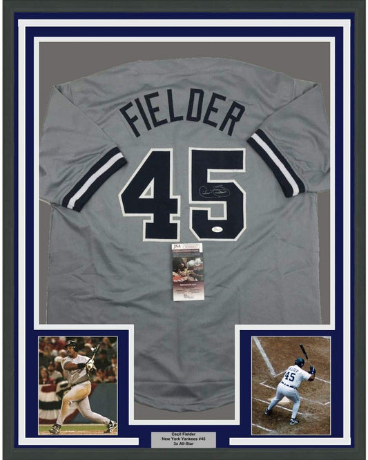 Framed Autographed/Signed Cecil Fielder 35x39 New York Grey Baseball Jersey JSA COA