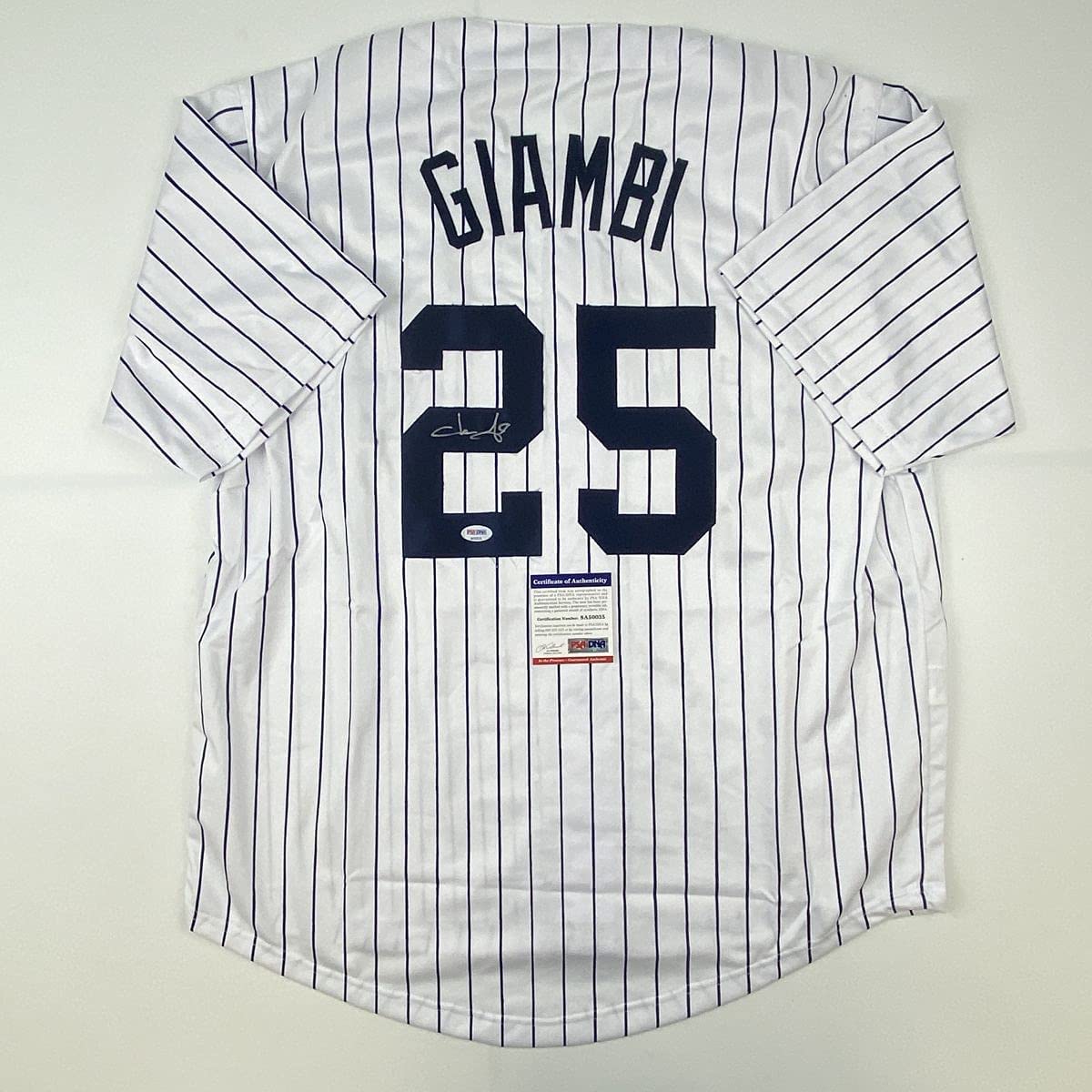 Autographed/Signed Jason Giambi New York Pinstripe Baseball Jersey PSA/DNA COA