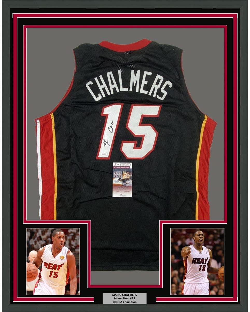 Framed Autographed/Signed Mario Chalmers 35x39 Miami Black Basketball Jersey JSA COA
