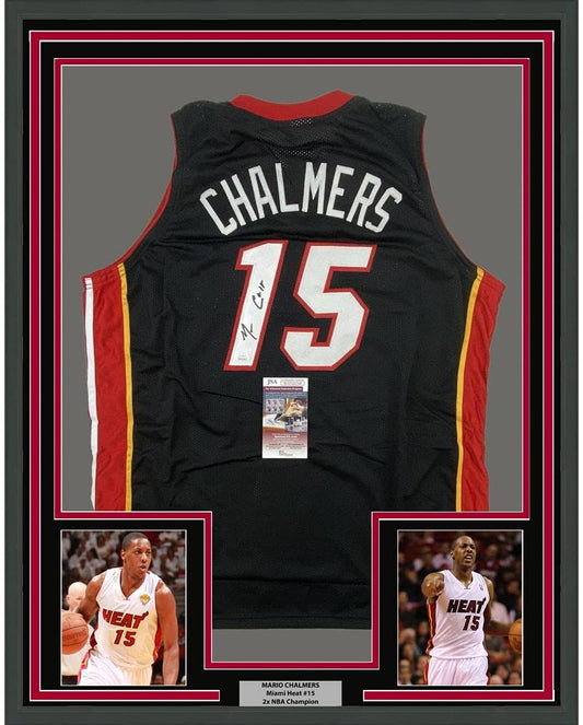Framed Autographed/Signed Mario Chalmers 35x39 Miami Black Basketball Jersey JSA COA