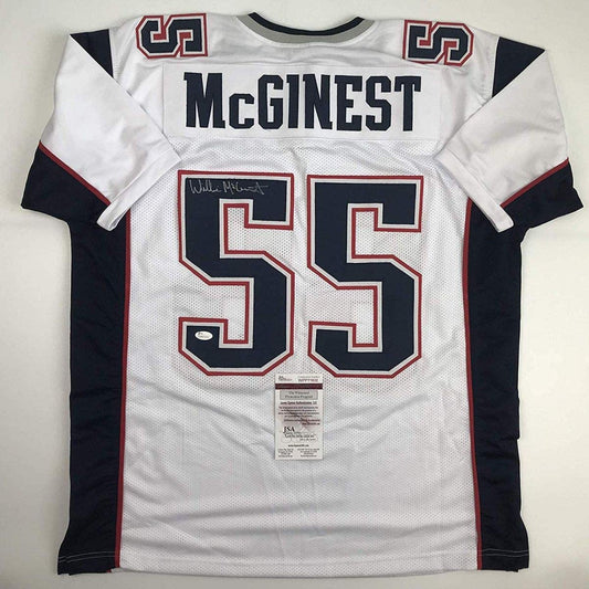 Autographed/Signed Willie McGinest New England White Football Jersey JSA COA