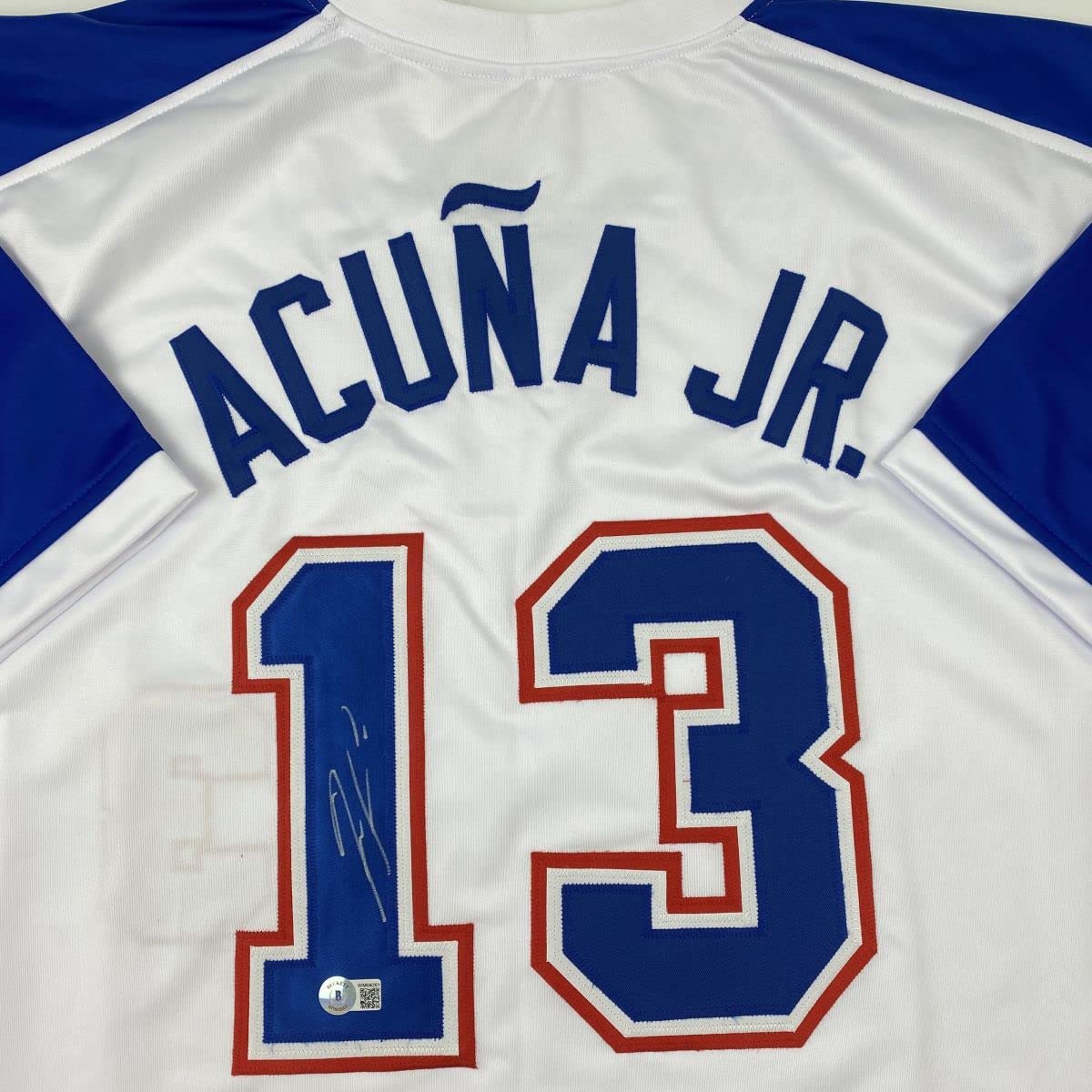 Autographed/Signed Ronald Acuna Jr. Atlanta White Retro Baseball Jersey Beckett BAS COA
