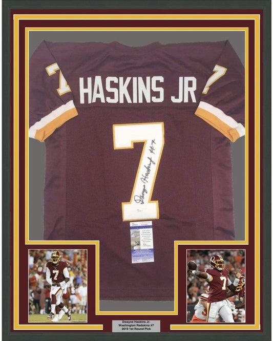 Framed Autographed/Signed Dwayne Haskins Jr. 35x39 Washington Burgundy Football Jersey JSA COA