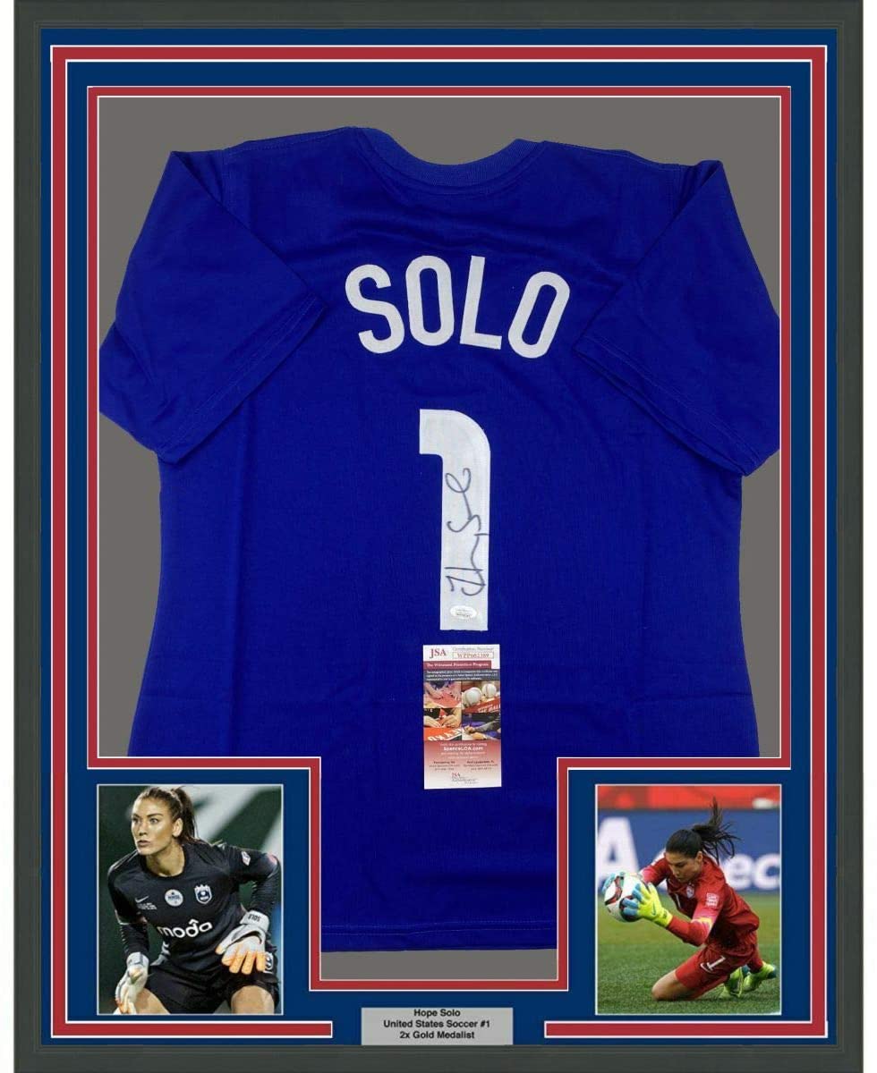 Framed Autographed/Signed Hope Solo 35x39 United States USA Blue Soccer Jersey JSA COA - Golden Apple Comics