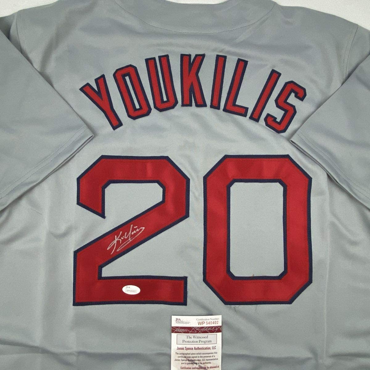 Autographed/Signed Kevin Youkilis Boston Grey Baseball Jersey JSA COA