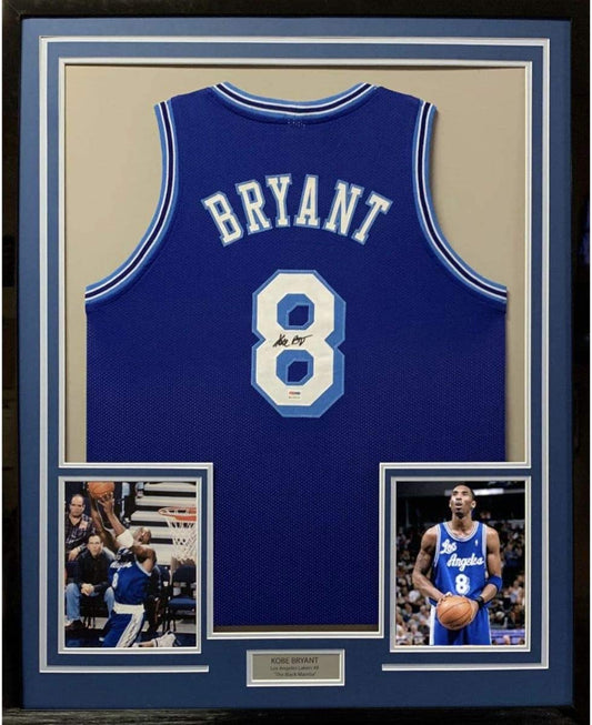 Framed Autographed/Signed Kobe Bryant 35x39 Los Angeles LA Retro Blue Basketball Jersey PSA/DNA COA