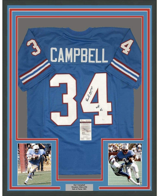 Framed Autographed/Signed Earl Campbell HOF 91 35x39 Houston Blue Football Jersey JSA COA